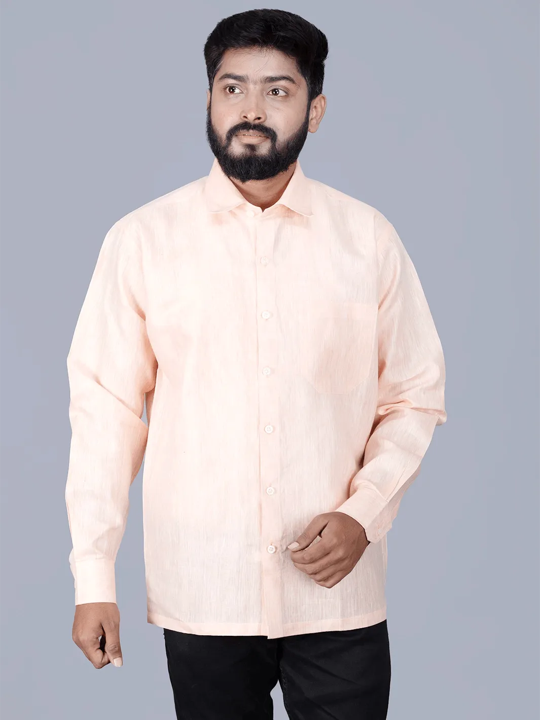 Light Orange Solid Handwoven Linen Men Full Sleeves Shirt - WeaversIndia