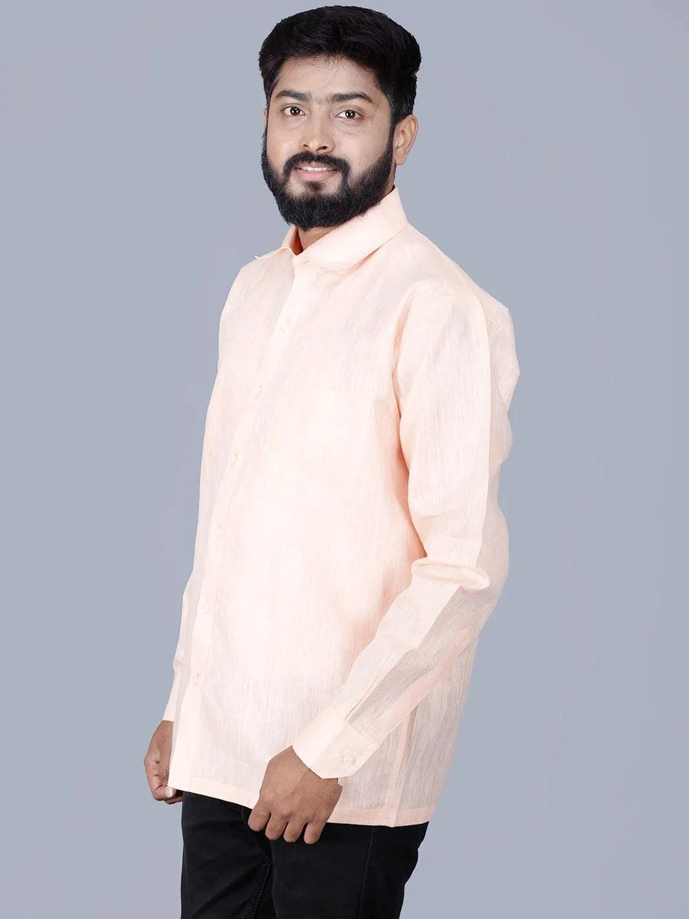 Light Orange Solid Handwoven Linen Men Full Sleeves Shirt - WeaversIndia