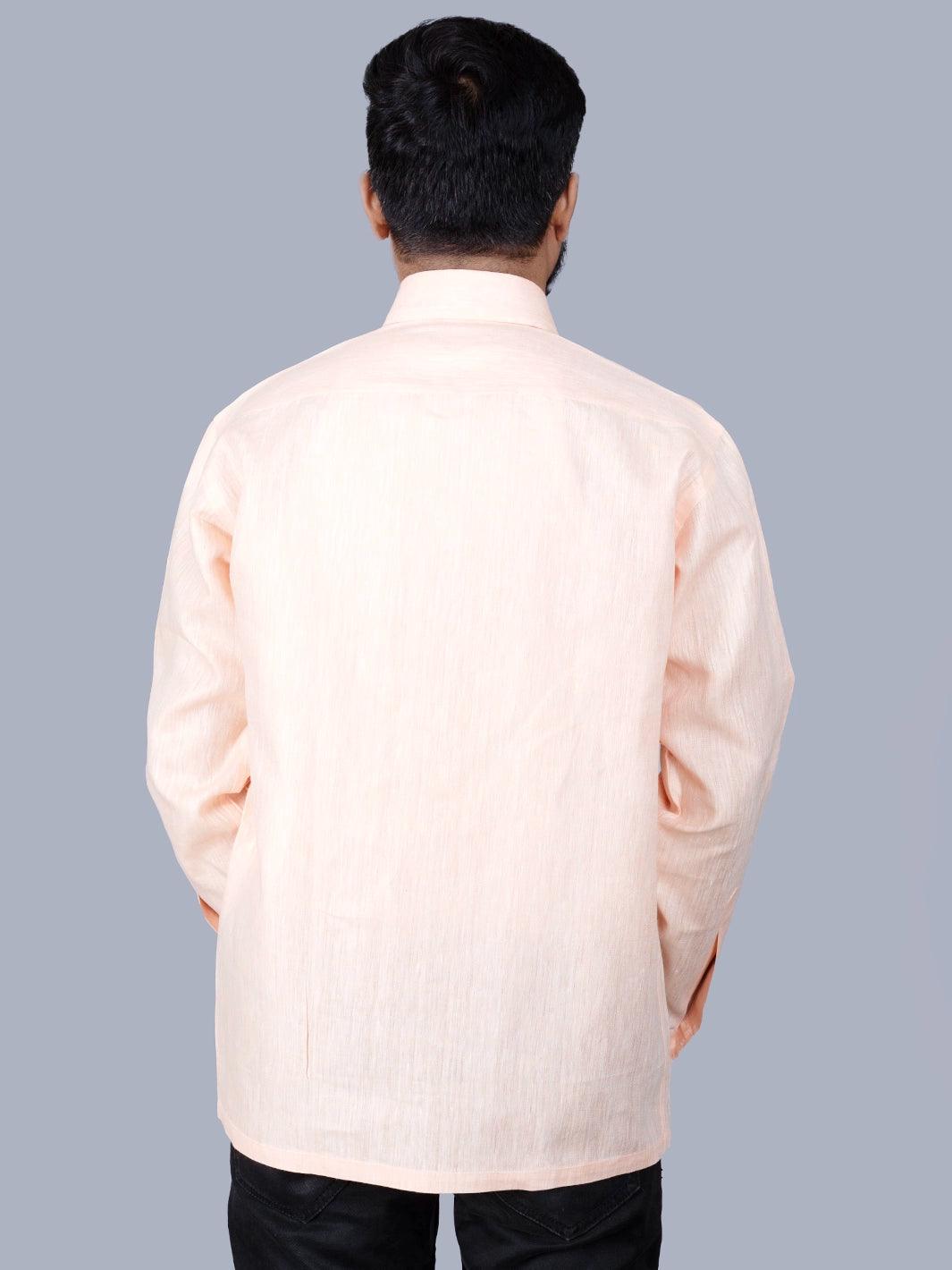 Light Orange Solid Handwoven Linen Men Full Sleeves Shirt - WeaversIndia