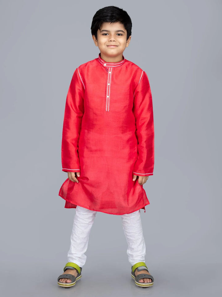 Light Red Bishnupuri Katan Silk Boys Long Kurta - WeaversIndia