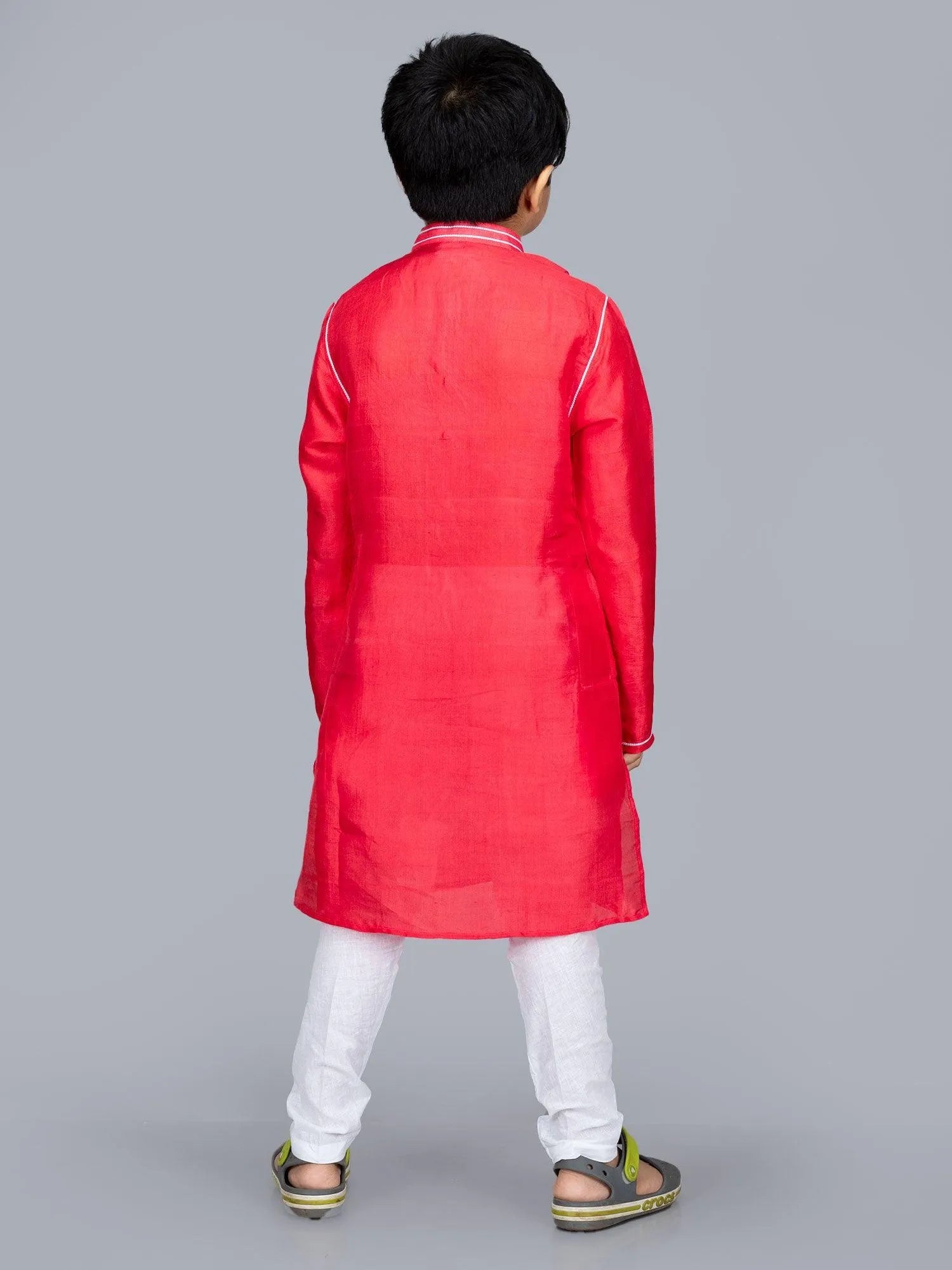 Bishnupuri Katan Silk Light Red Boys Long Kurta - WeaversIndia