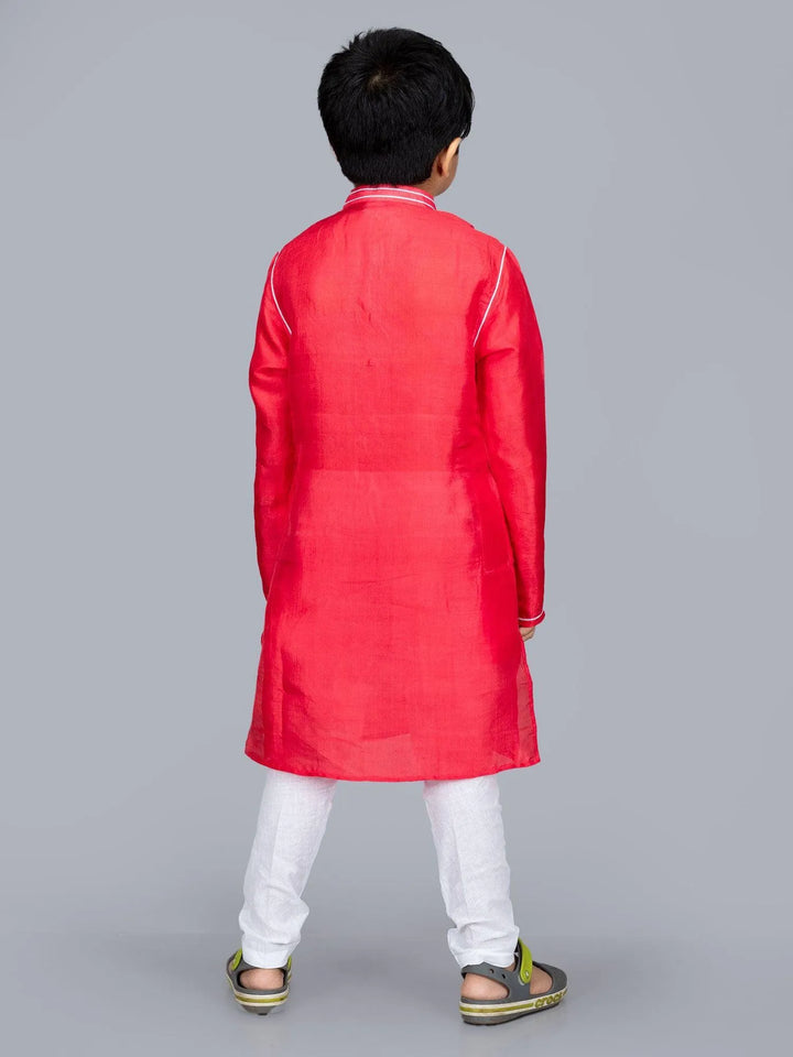 Light Red Bishnupuri Katan Silk Boys Long Kurta - WeaversIndia