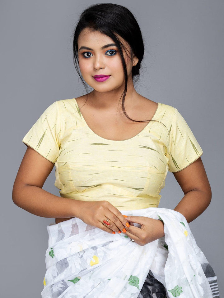 Light Yellow Cotton Handoven Ikkat Blouse - WeaversIndia
