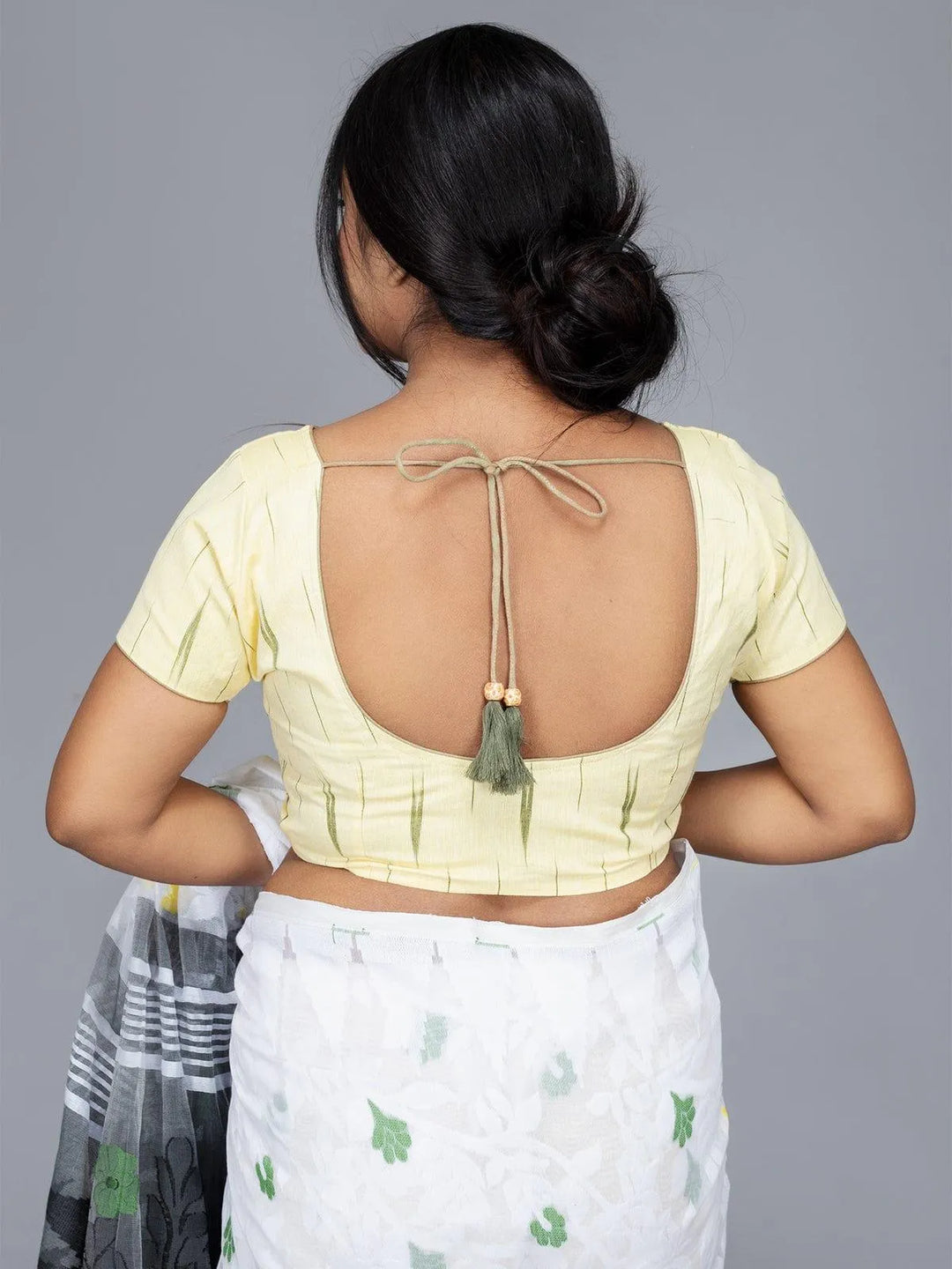 Light Yellow Cotton Ikkat Blouse - WeaversIndia