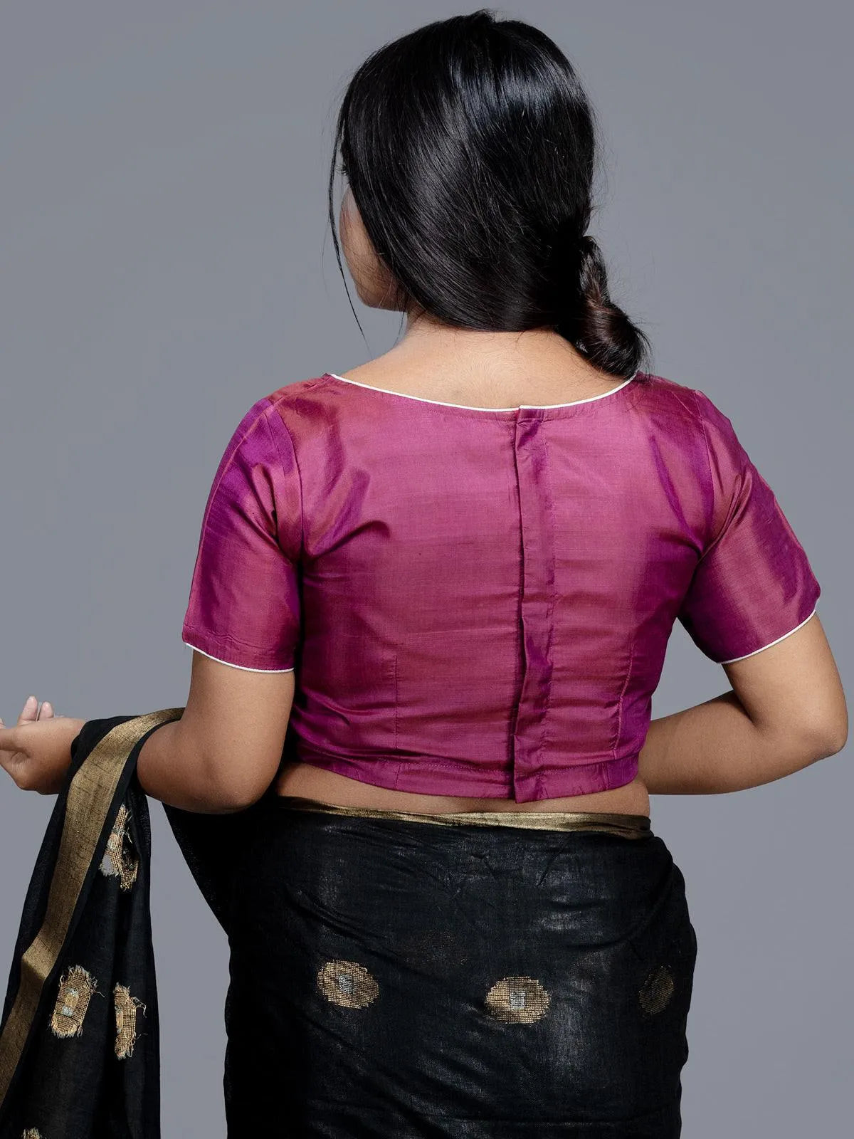 Magenta Boat Neck Bishnupuri Katan Silk Blouse - WeaversIndia