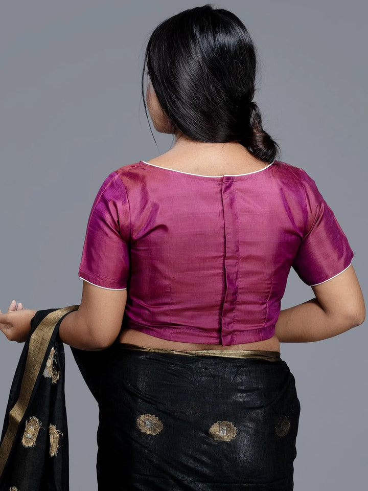 Magenta Boat Neck Bishnupuri Katan Silk Blouse - WeaversIndia