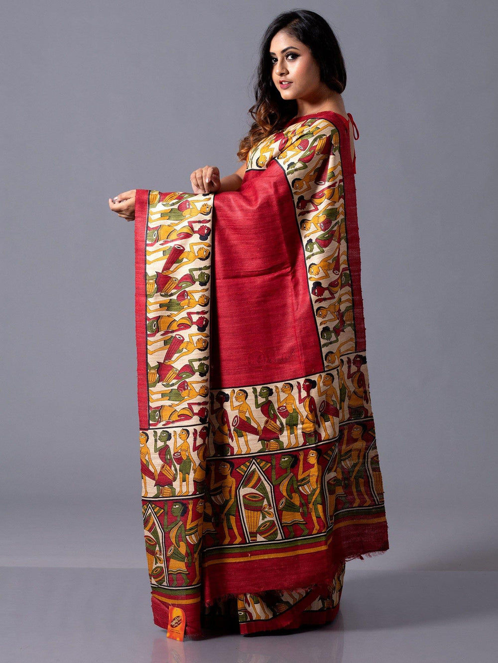 Maroon Block Printed Ghicha Silk Saree - WeaversIndia