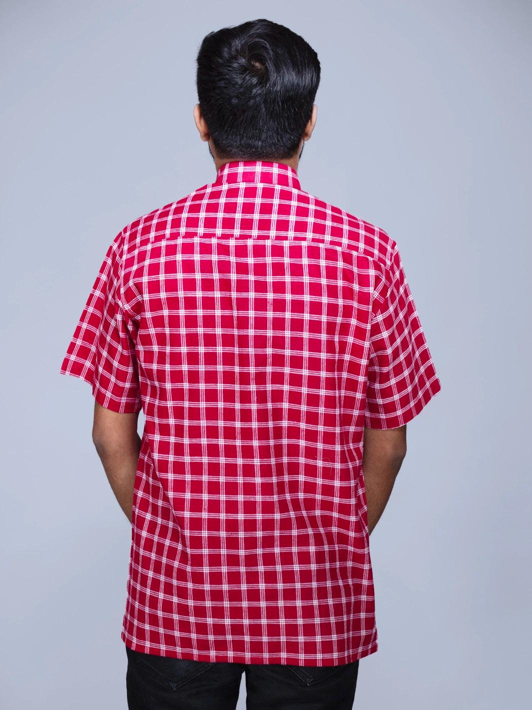 Maroon Handwoven Organic Cotton Checks Fitted Men Shirt - WeaversIndia