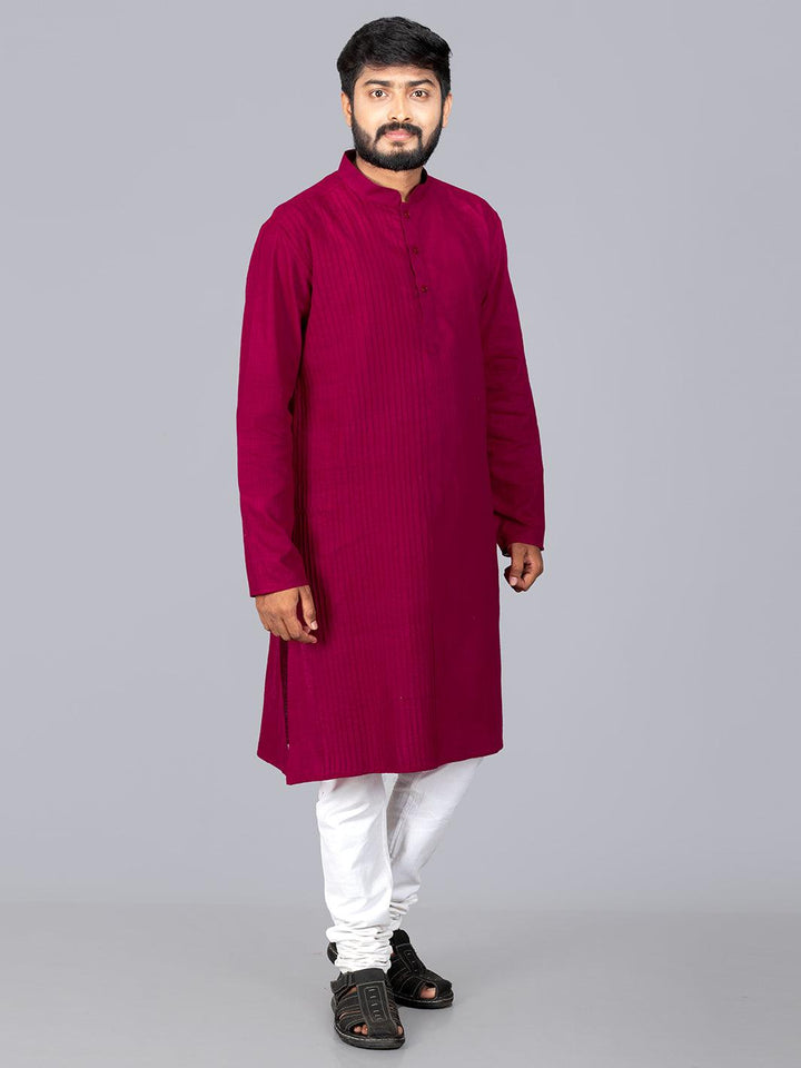 Maroon Handwoven Organic Cotton Pintuck Men kurta - WeaversIndia
