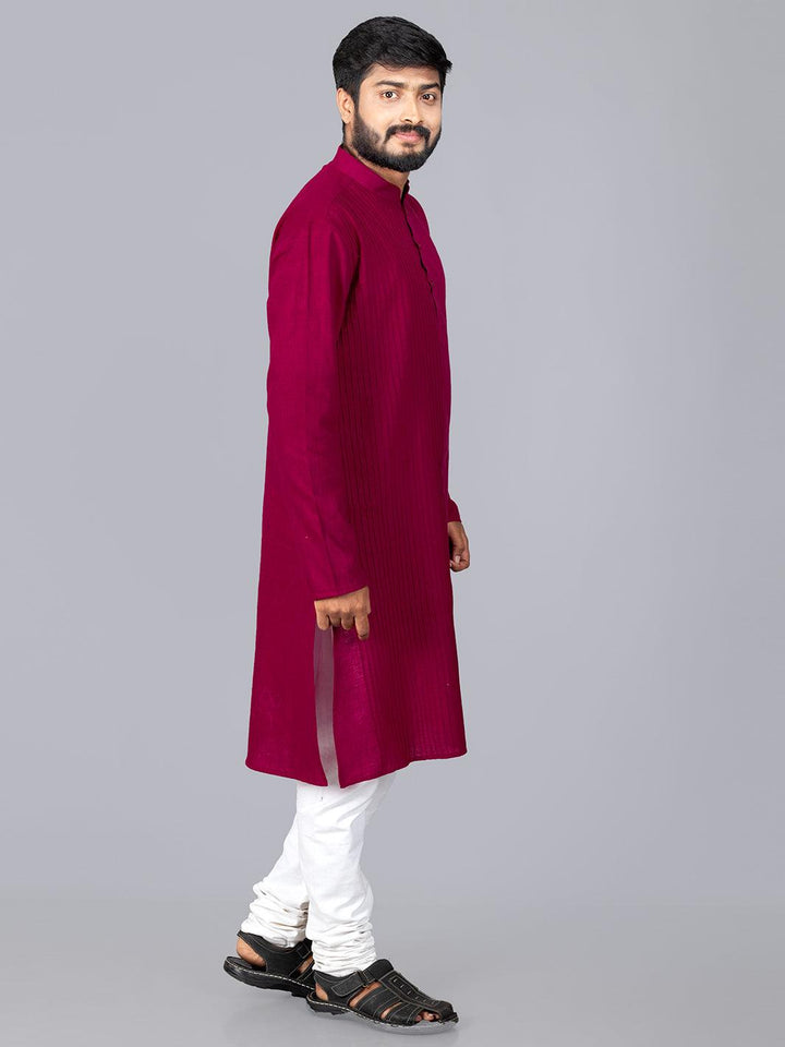 Maroon Handwoven Organic Cotton Pintuck Men kurta - WeaversIndia