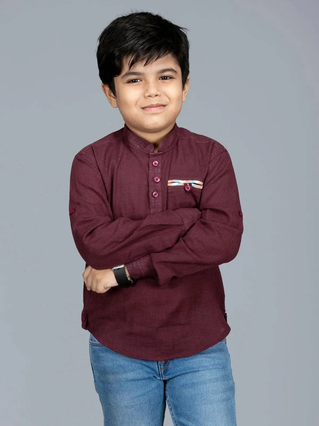 Maroon Slab Cotton Boys Short Kurta - WeaversIndia