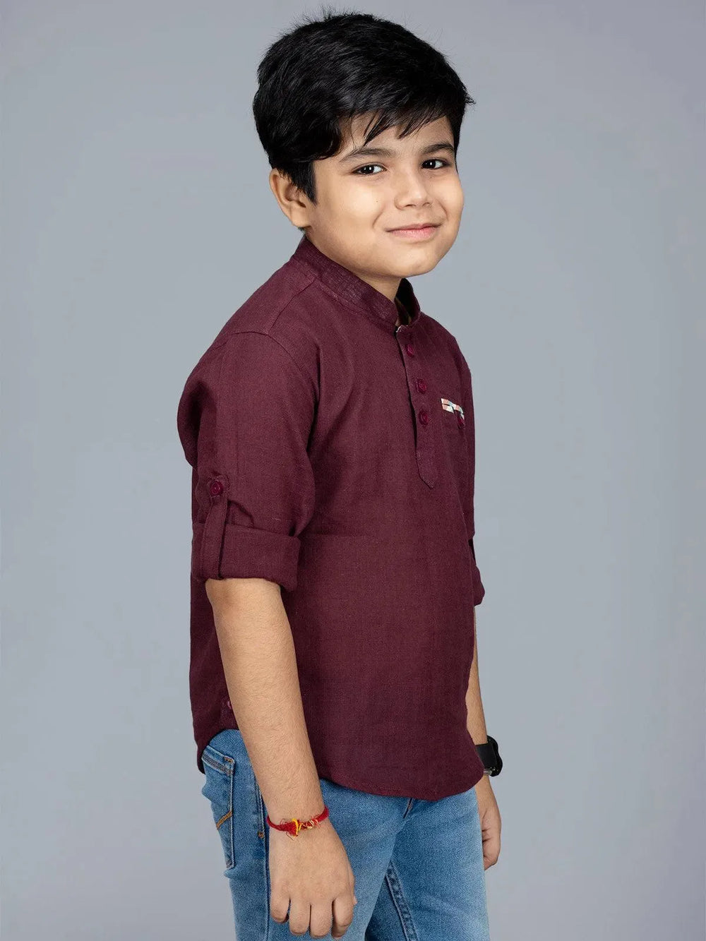 Maroon Slab Cotton Boys Short Kurta - WeaversIndia