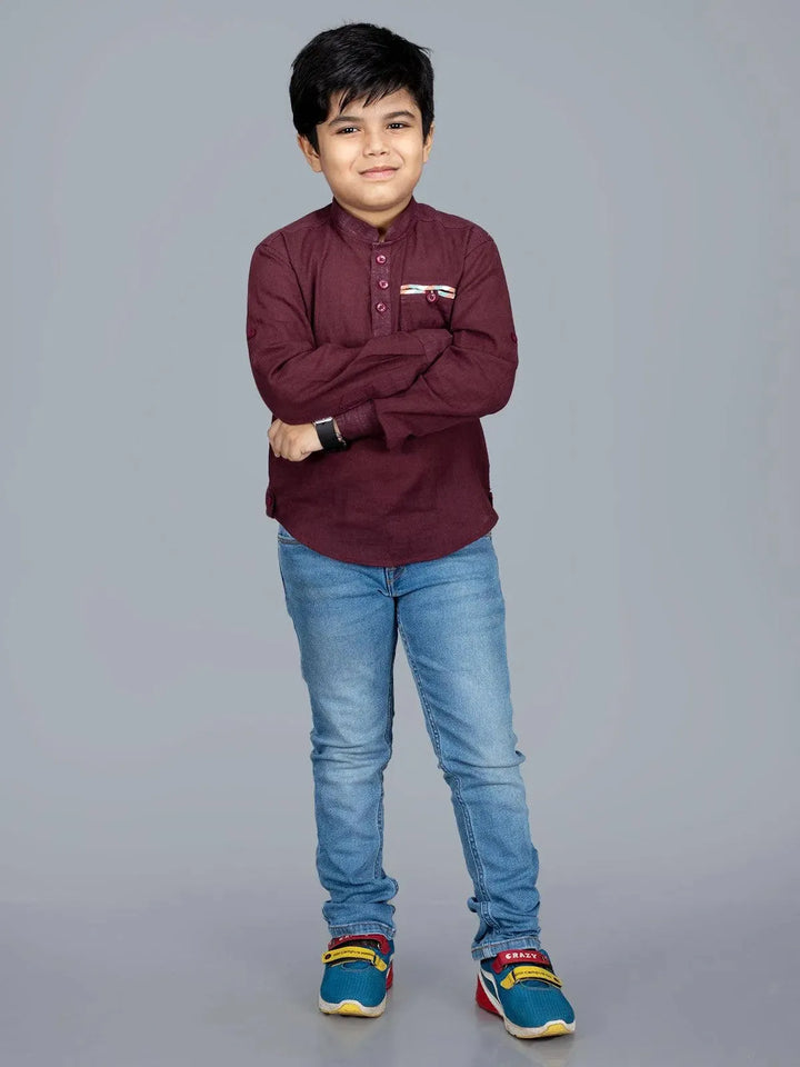 Maroon Slab Cotton Boys Short Kurta - WeaversIndia