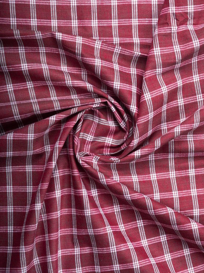 Maroon White Checks Handwoven Organic Cotton Fabric 44 inch Width - WeaversIndia