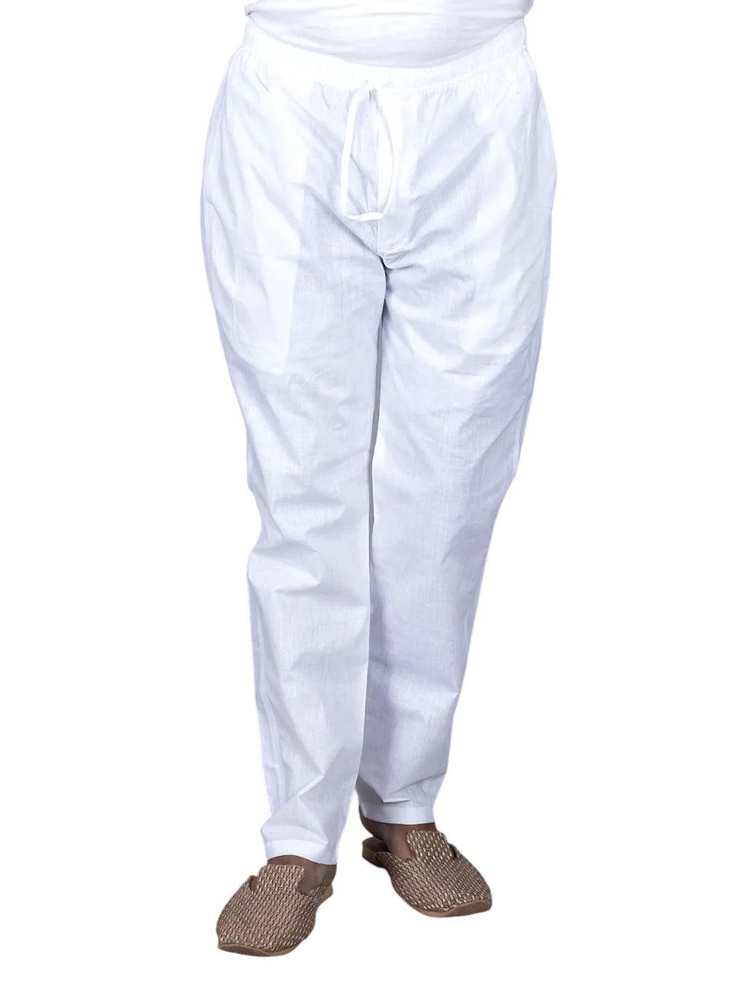 Men Solid White Chain Pocket Organic Cotton Pajama - WeaversIndia