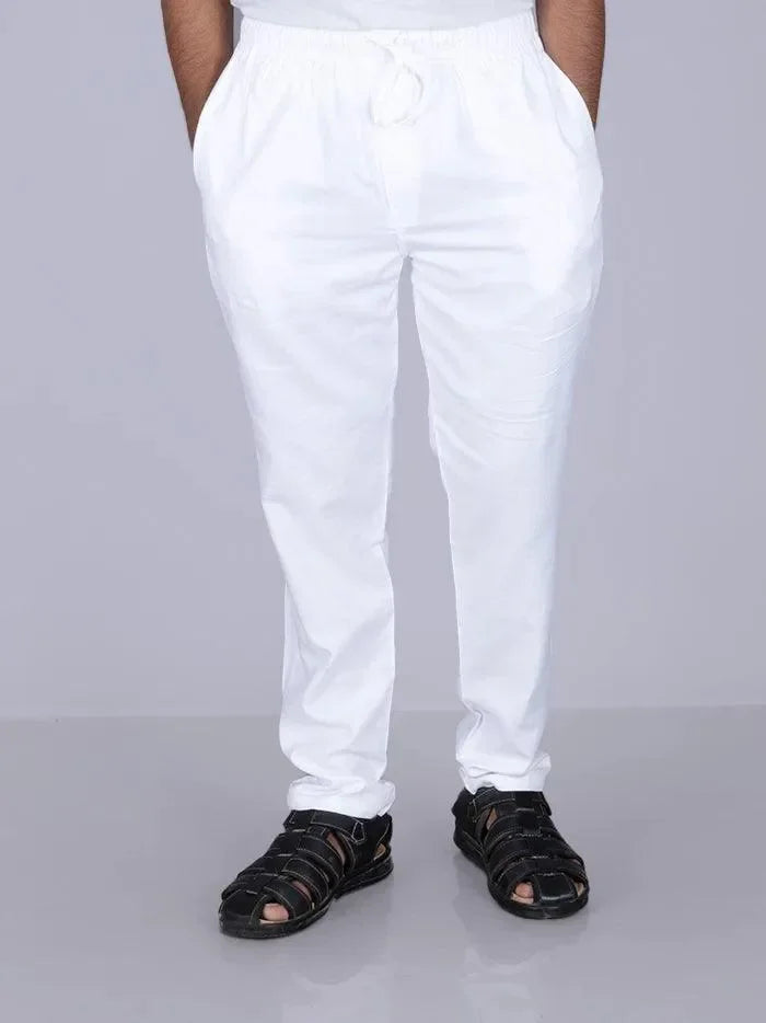 White Solid Chain Pocket Viscose Cotton Men Pajama - WeaversIndia