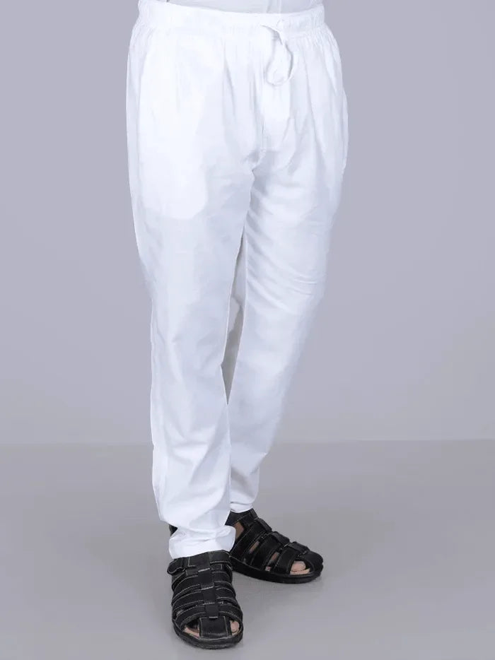 White Solid Chain Pocket Viscose Cotton Men Pajama - WeaversIndia