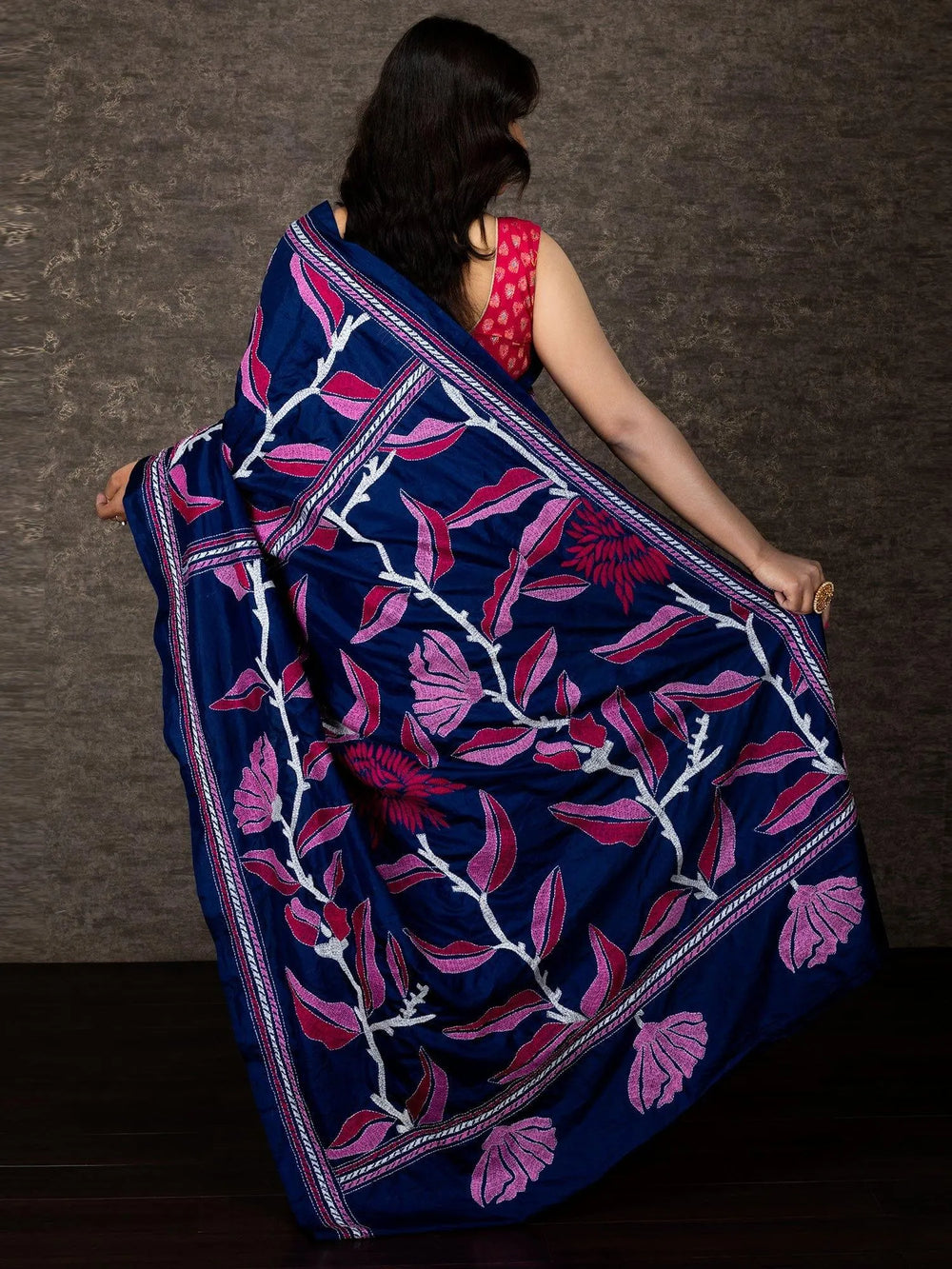 Midnight Blue Leaf Motif Kantha Stitch Silk Saree - WeaversIndia