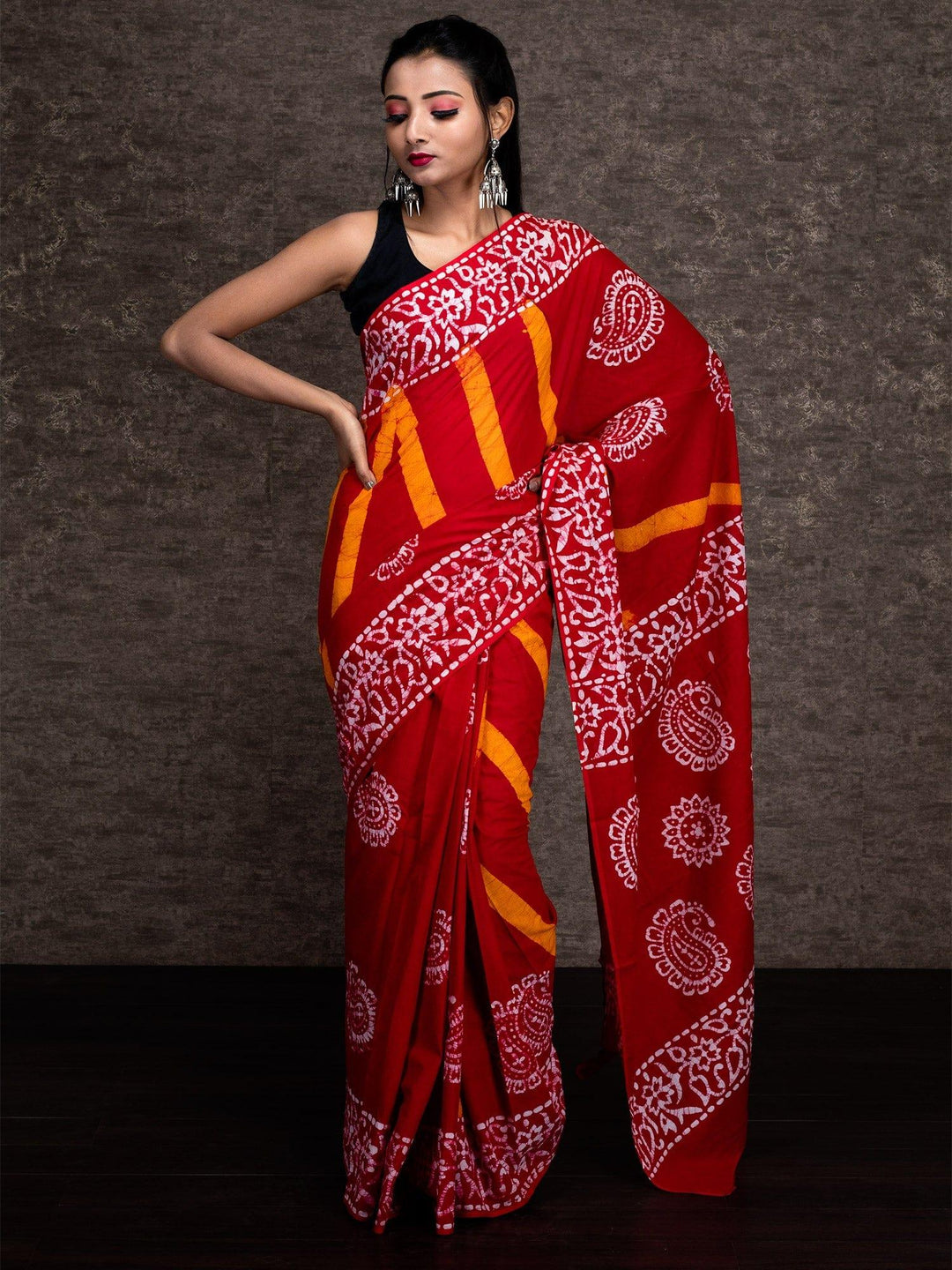 Multi Color Allover Block Batik Printed Malmal Cotton Saree - WeaversIndia