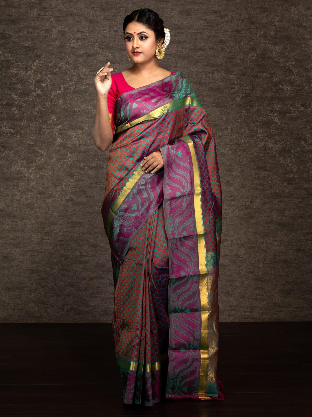 Multi Color Allover Kanjivaram Silk Saree - WeaversIndia