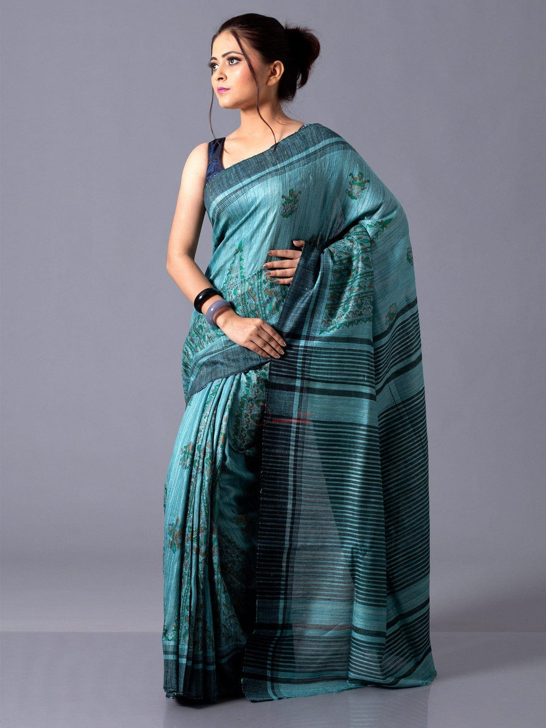 Multi Color Block Printed Ghicha Silk Saree - WeaversIndia