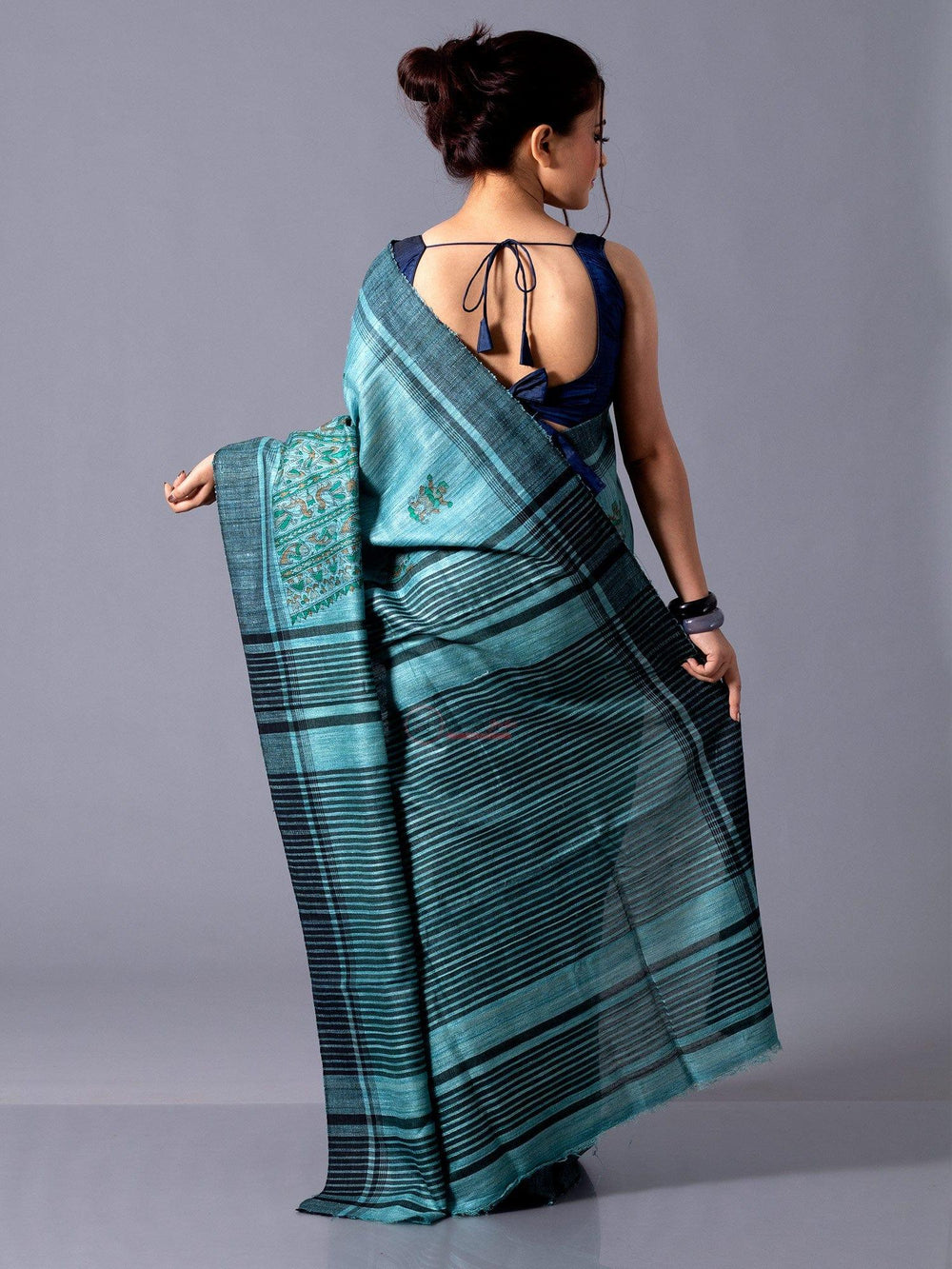 Multi Color Block Printed Ghicha Silk Saree - WeaversIndia