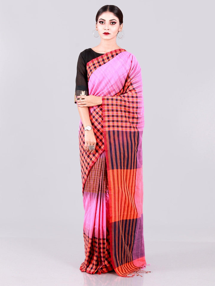 Multi Colored Woven Checks Border Ikkat Khadi Cotton Saree - WeaversIndia
