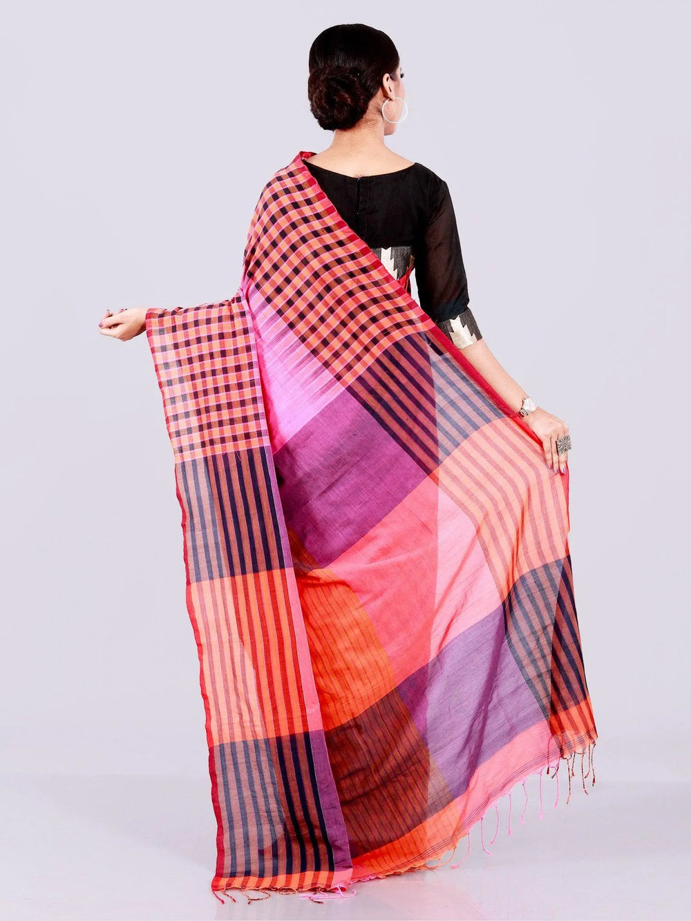 Multi Colored Woven Checks Border Ikkat Khadi Cotton Saree - WeaversIndia