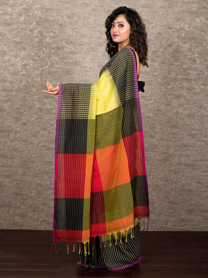 Multi Colored Woven Checks Border Ikkat Khadi Cotton Saree - WeaversIndia