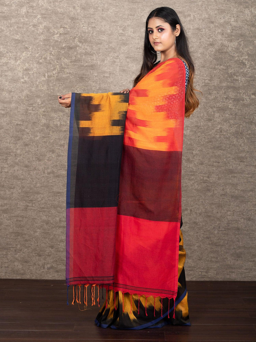 Multi Colored Woven Ikkat Khadi Cotton Saree - WeaversIndia
