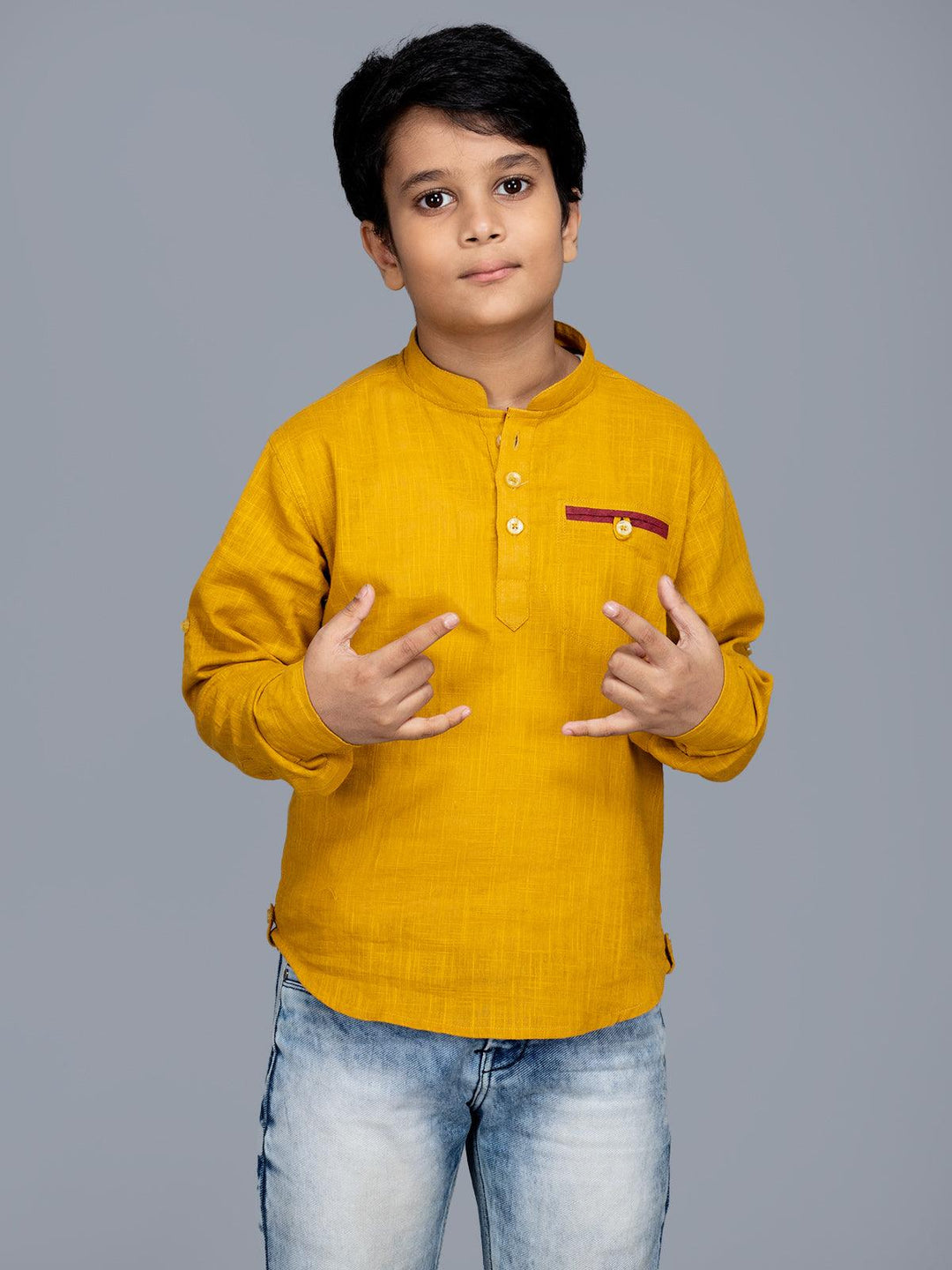 Mustard Slab Cotton Boys Short Kurta - WeaversIndia