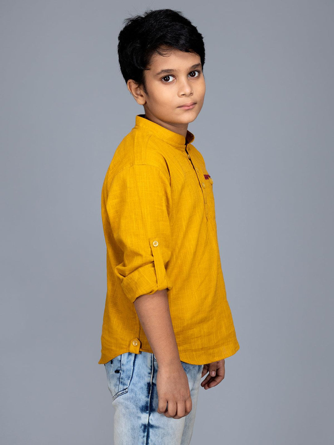 Mustard Slab Cotton Boys Short Kurta - WeaversIndia