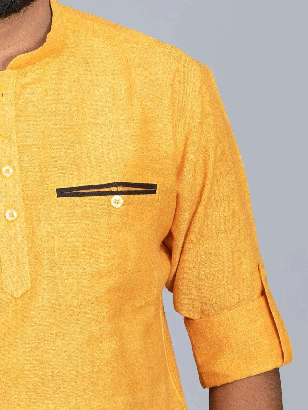 Mustard Solid Handwoven Organic Cotton Men Short Kurta - WeaversIndia