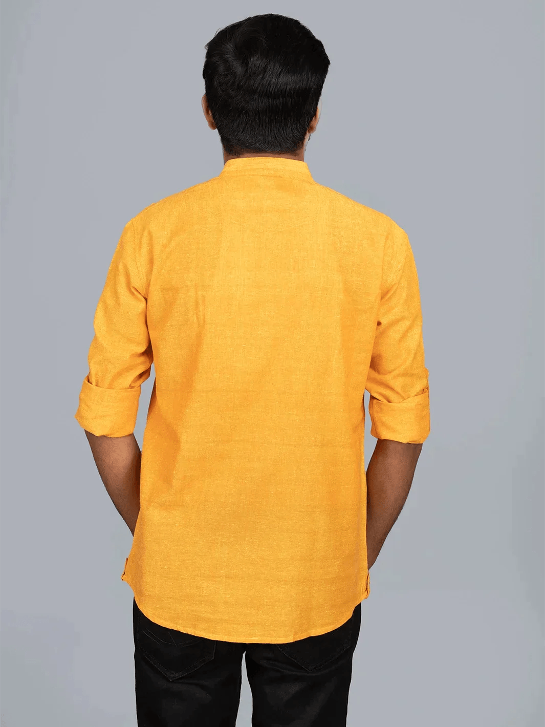 Mustard Solid Handwoven Organic Cotton Men Short Kurta - WeaversIndia