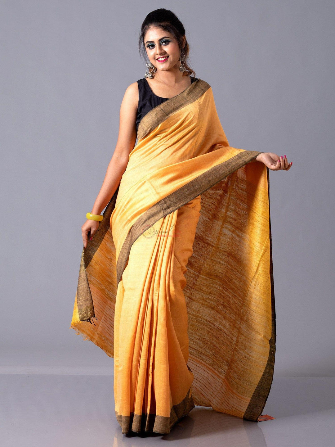 Mustard Yellow Mulberry Ghicha Silk Anchal Saree - WeaversIndia