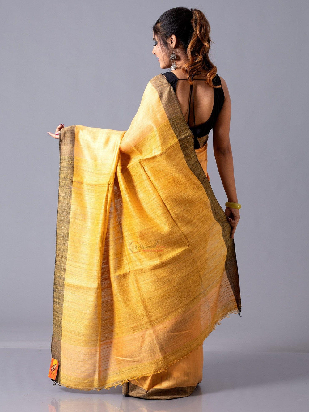 Mustard Yellow Mulberry Ghicha Silk Anchal Saree - WeaversIndia