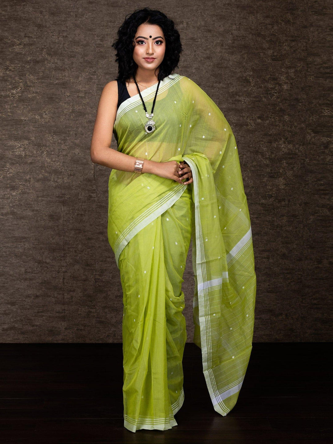 Olive Green Chanderi Silk Jamdani Saree - WeaversIndia