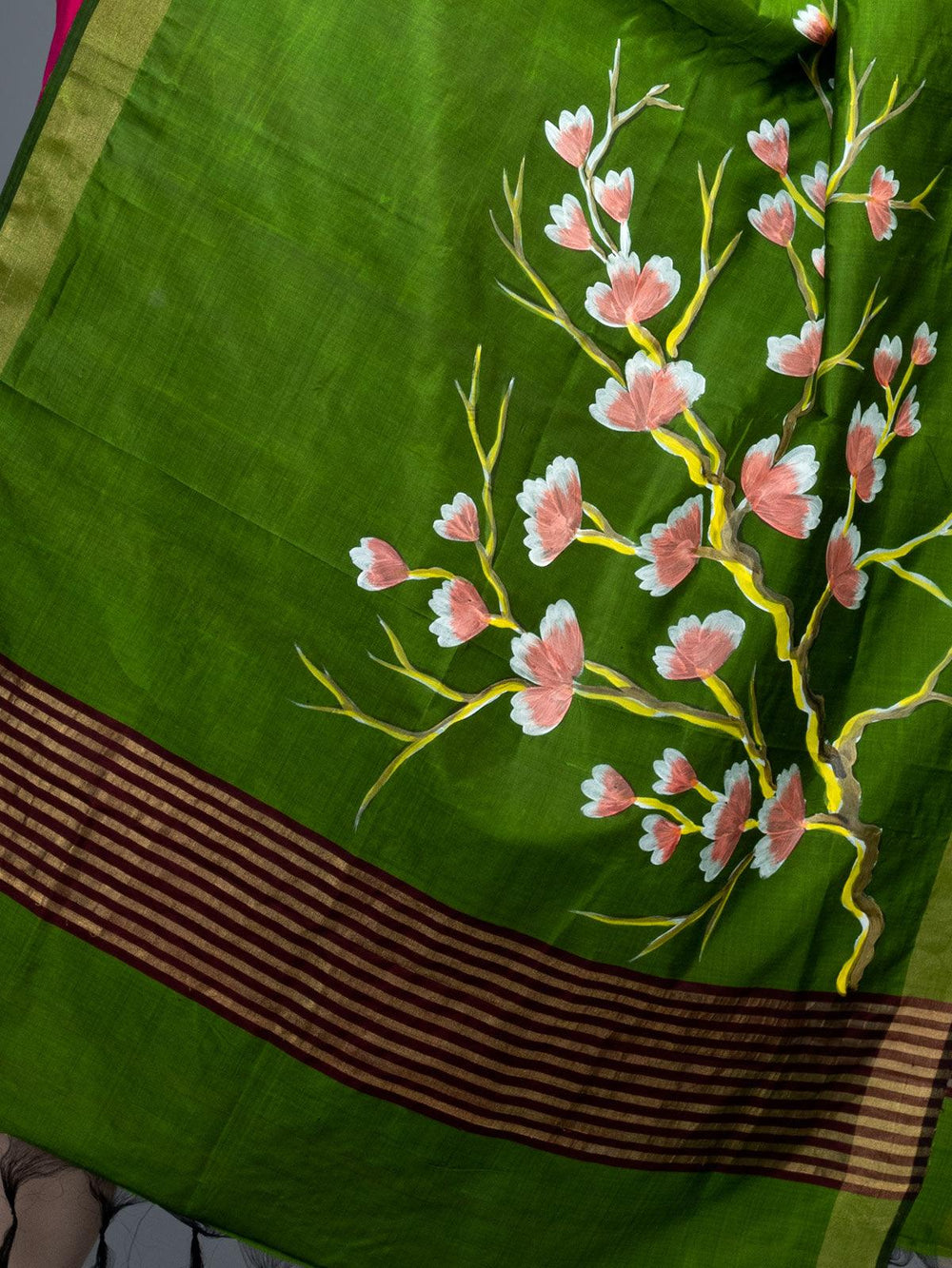 Olive Green Hand Painted Bishnupuri Katan Silk Dupatta - WeaversIndia