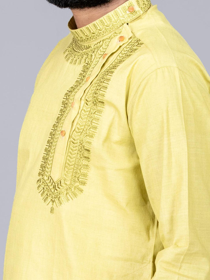 Olive Handwoven Organic Cotton Embroidered Men Kurta - WeaversIndia