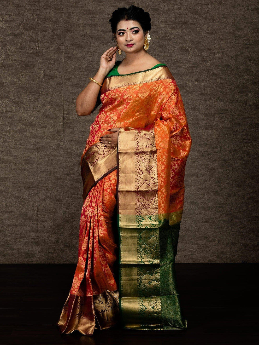 Orange Allover Kanchipuram Silk Bridal Saree - WeaversIndia