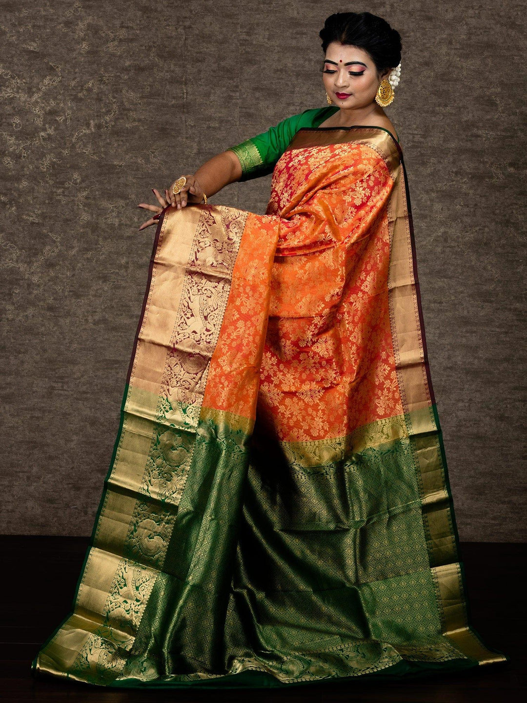 Orange Allover Kanchipuram Silk Bridal Saree - WeaversIndia