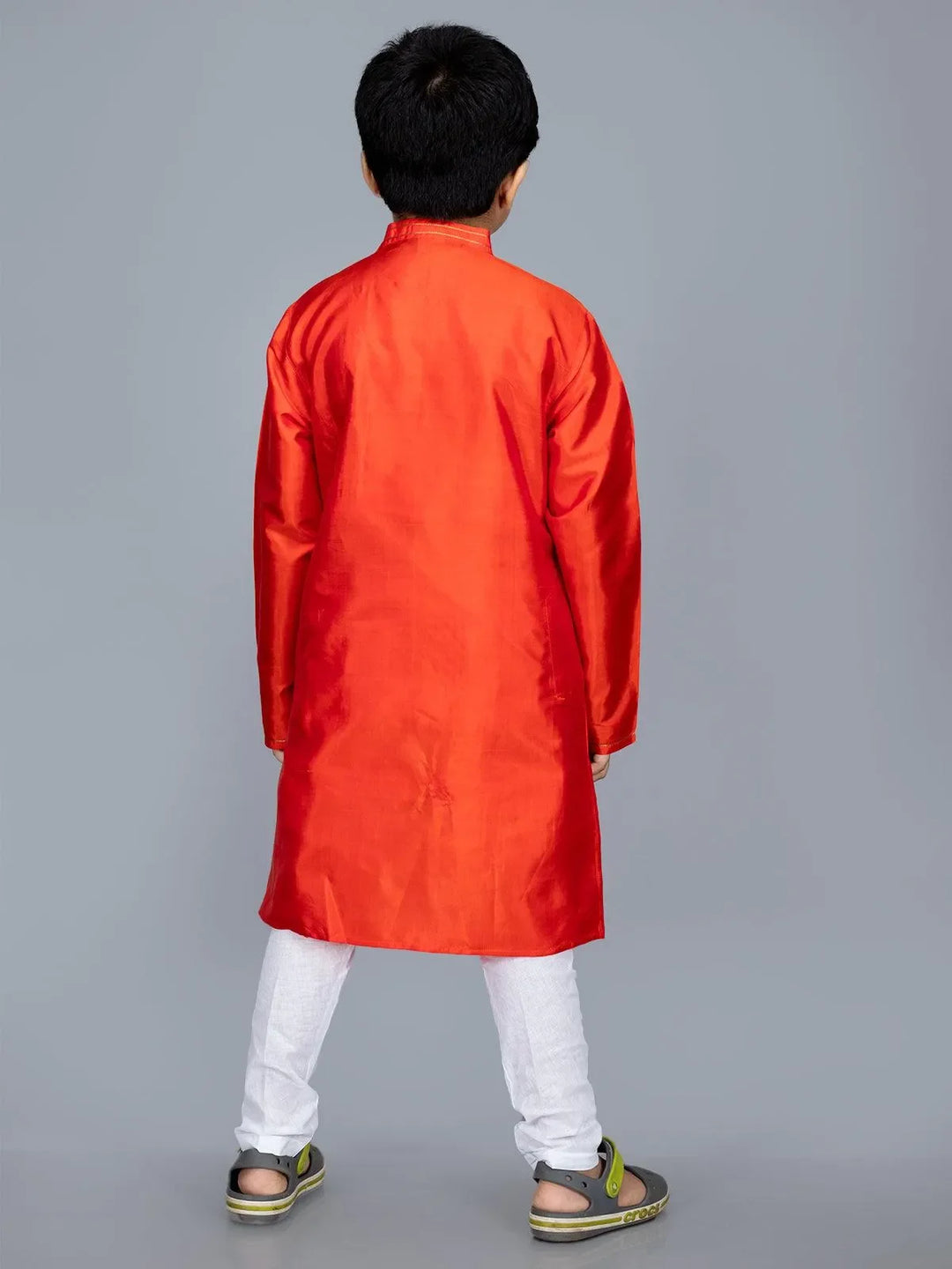 Orange Bishnupuri Katan Silk Boys Long Kurta - WeaversIndia