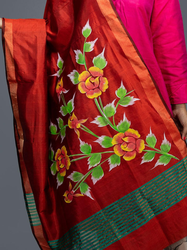 Orange Hand Painted Bishnupuri Katan Silk Dupatta - WeaversIndia