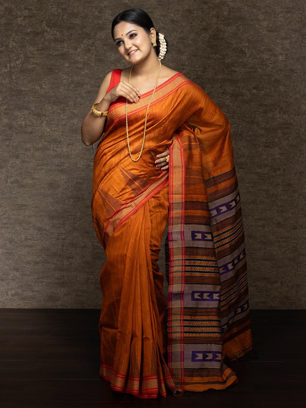 Orange Handwoven Matka Silk Jamdani Saree - WeaversIndia