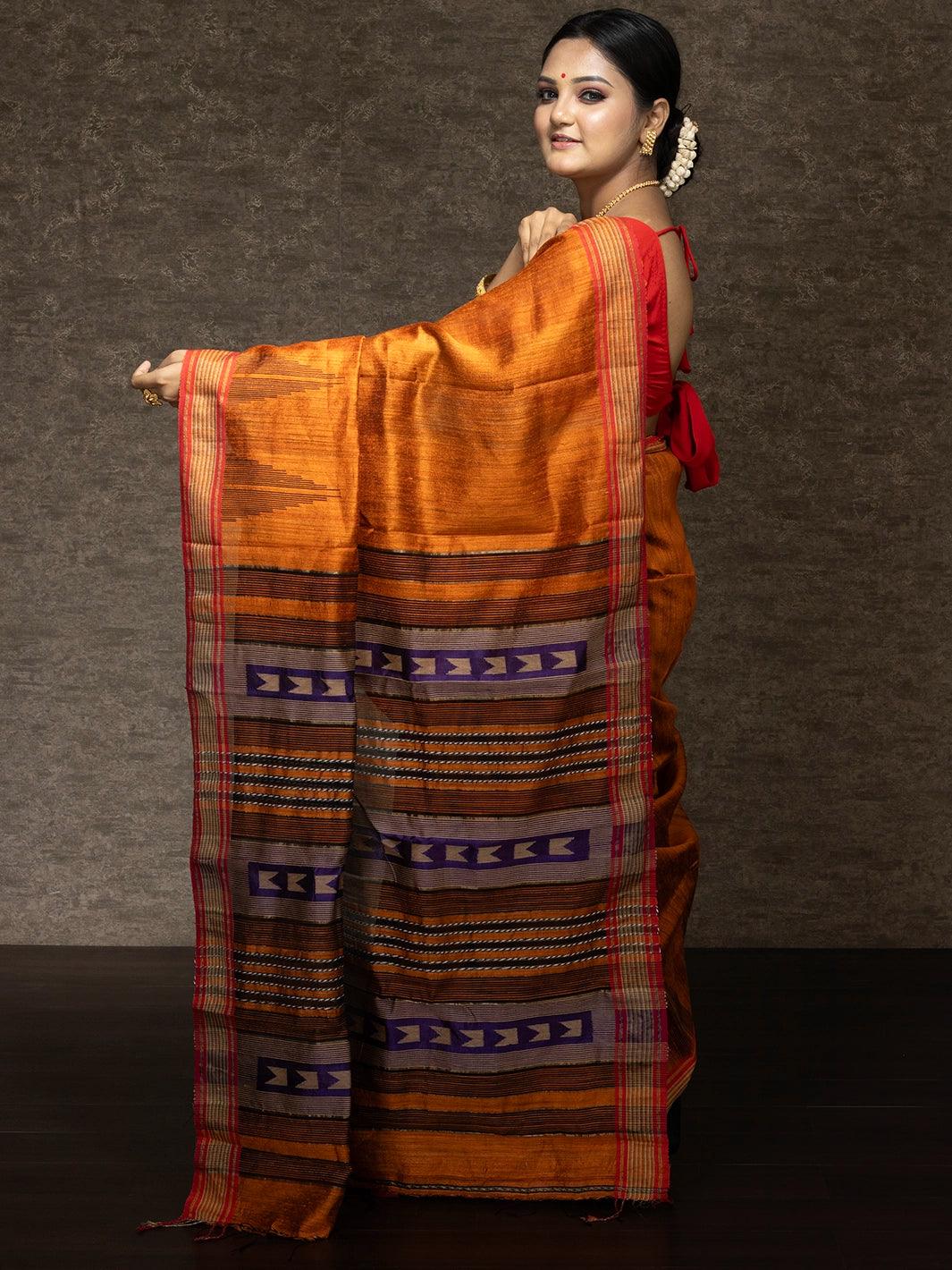 Orange Handwoven Matka Silk Jamdani Saree - WeaversIndia