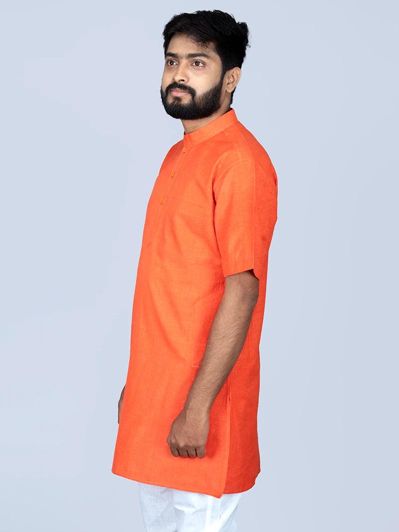 Orange Handwoven Organic Cotton Men Kurta - WeaversIndia