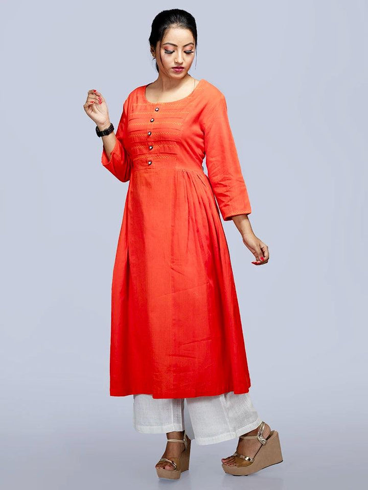 Orange Handwoven Organic Cotton Pintuck Kurta - WeaversIndia
