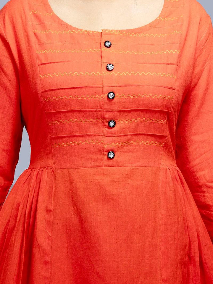 Orange Handwoven Organic Cotton Pintuck Kurta - WeaversIndia