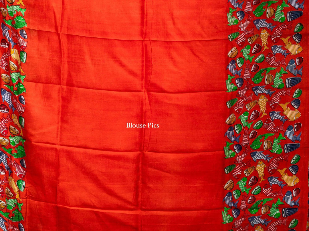 Orange Pattachitra Printed Murshidabad Silk Saree - WeaversIndia