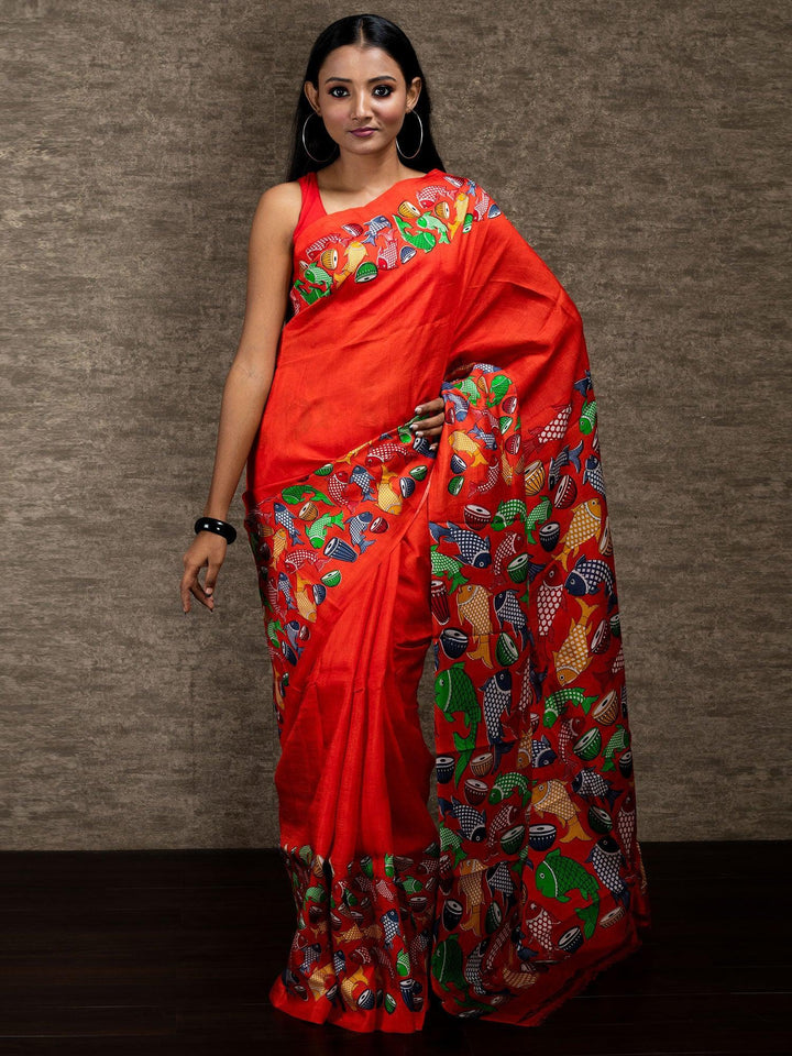 Orange Pattachitra Printed Murshidabad Silk Saree - WeaversIndia